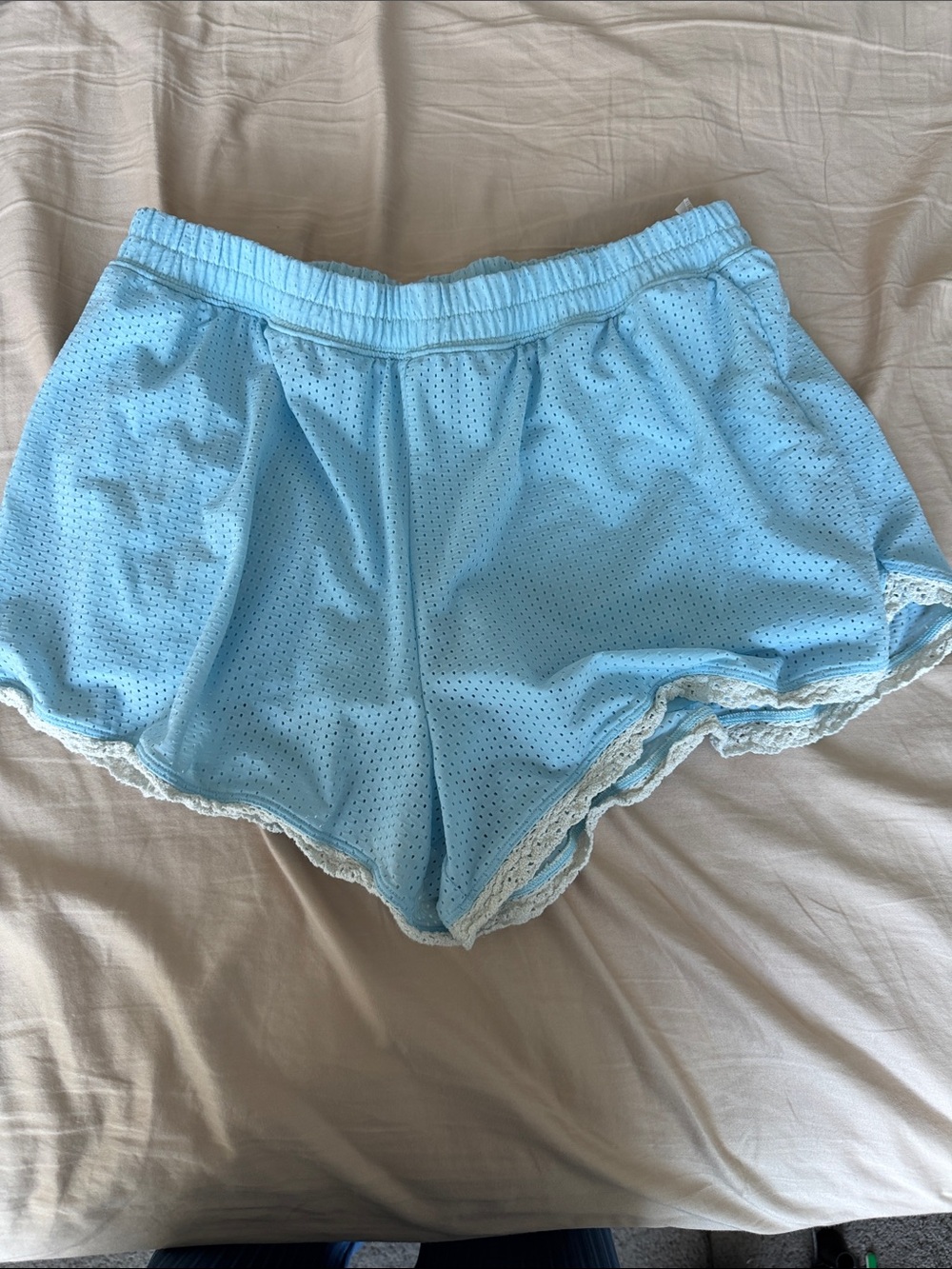 aerie Light Blue Mesh Athletic Shorts with White Lace Trim